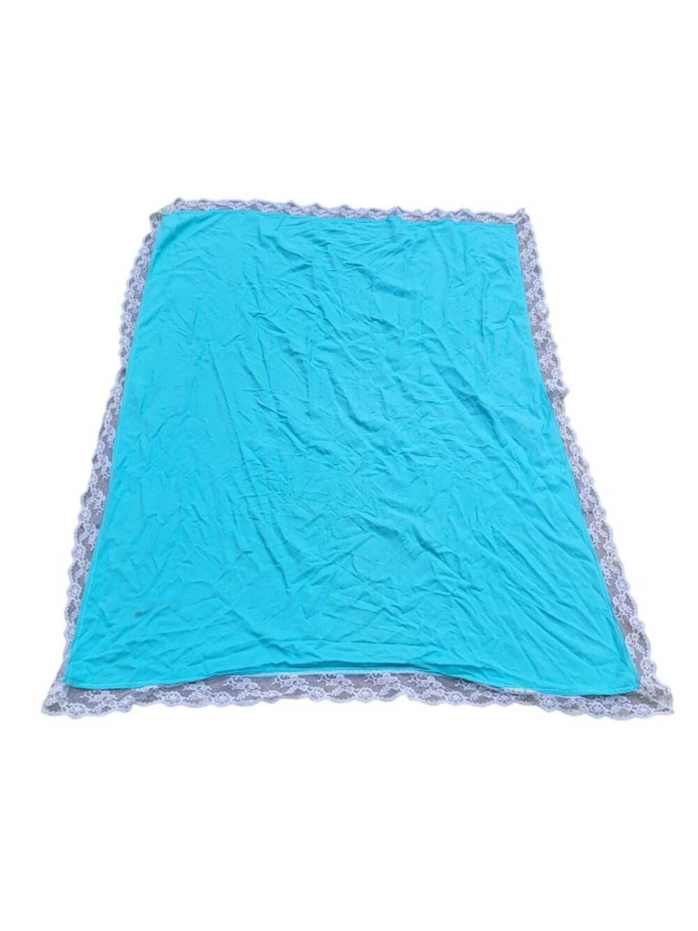Vintage Aqua Blue Lace-Trimmed Fabric Throw Blanket With Delicate White Accents